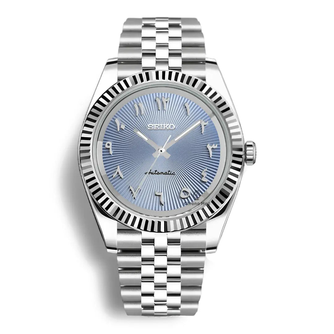 SEIKOJUST | Royal Ice Blue Arabic MOD Textured 316L Stainless Steel - Automatic Watch Jubilee