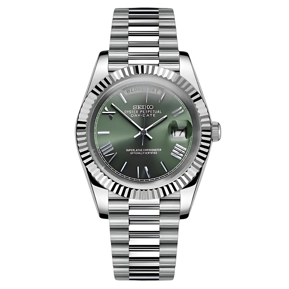 SEIKODATE | Presidential MOD Olive Green Roman Dial Stainless Steel - Automatic Watch