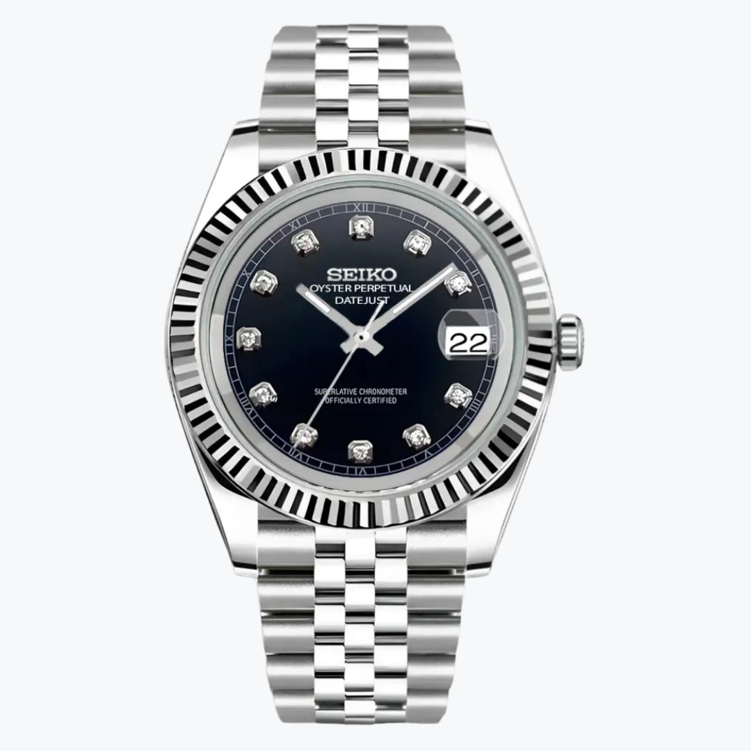 SEIKOJUST | Midnight Black Diamond MOD Silver 316L Stainless Steel - Automatic Watch Jubilee