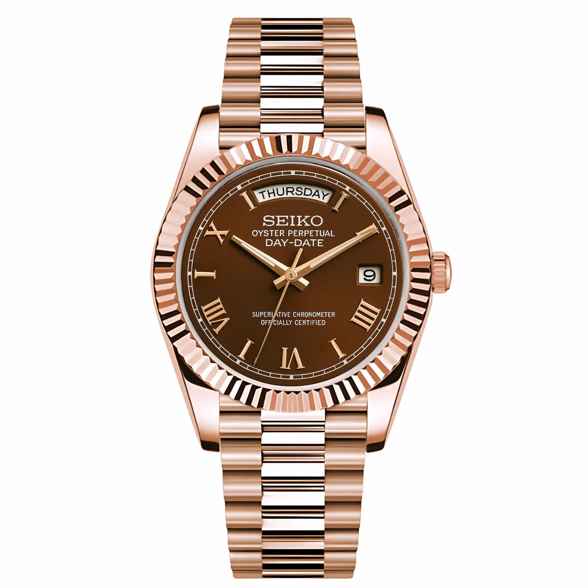 SEIKODATE | Presidential MOD Rose Chocolate Roman Dial Stainless Steel - Automatic Watch