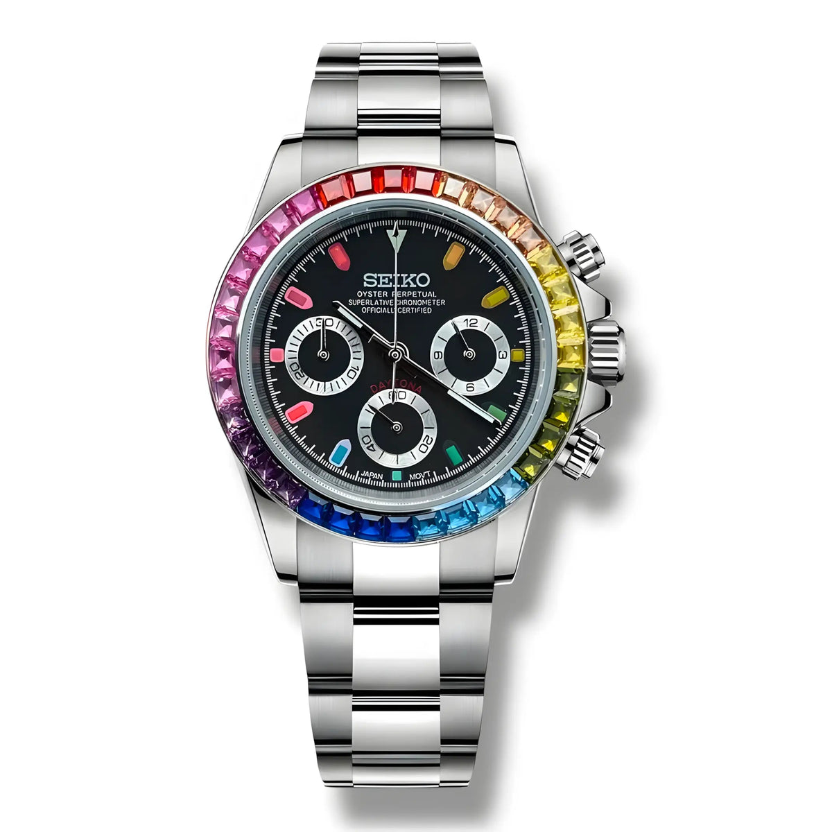 SEITONA | Chronograph MOD Silver Rainbow Edition Automatic 316L Stainless Steel Watch Presidential