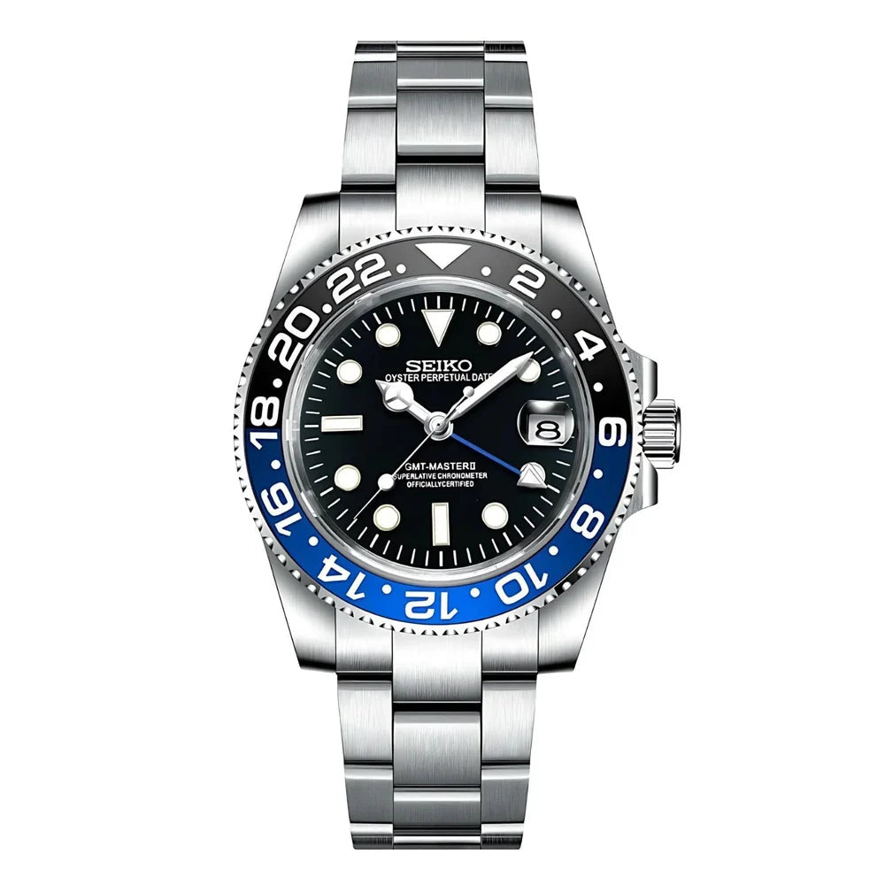 GMTEIKO | GMT MOD Batman Edition Automatic Stainless Steel Watch - Black & Blue Bezel